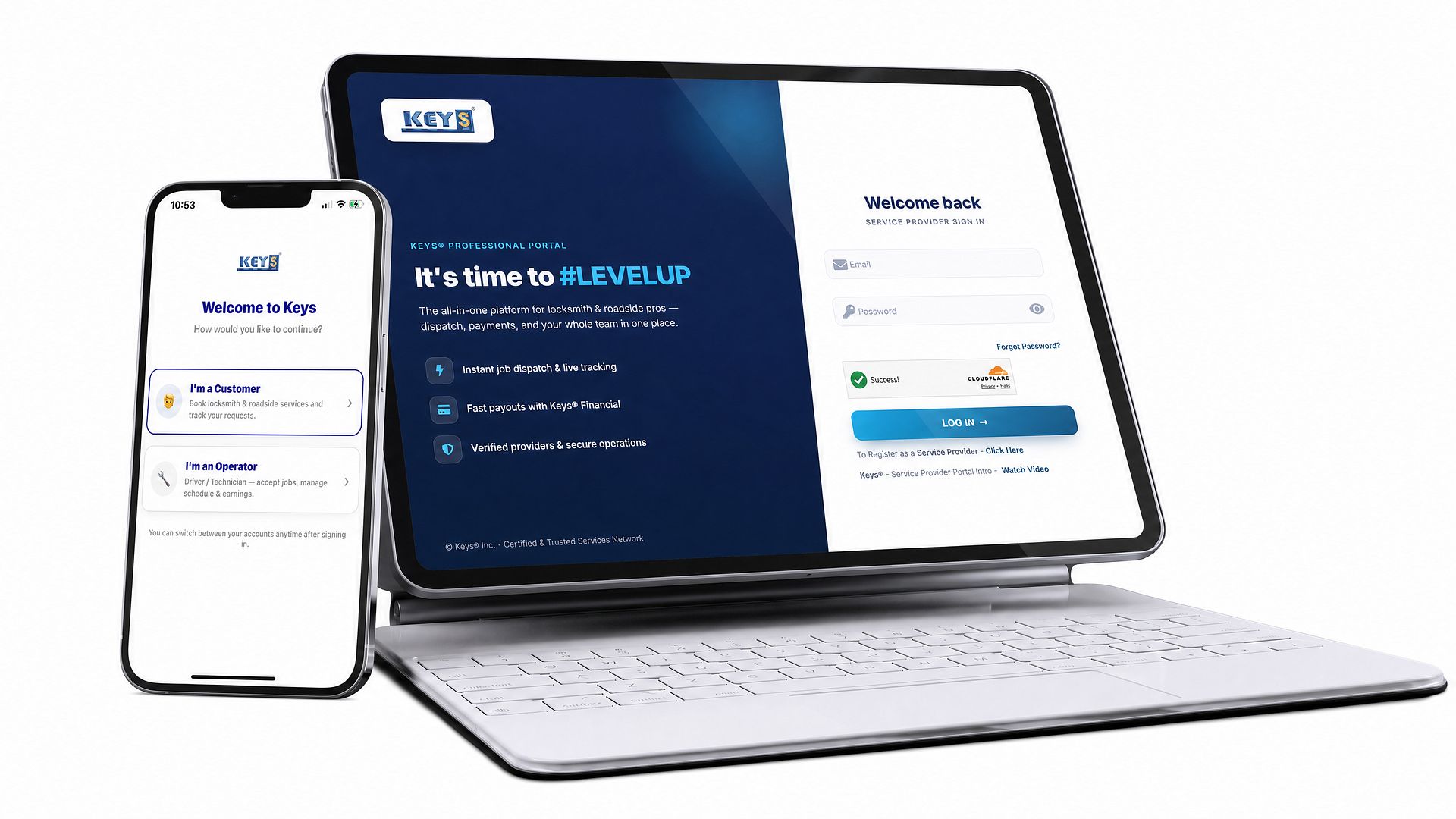 The Keys customer app on a phone and the Service Provider portal on a laptop
